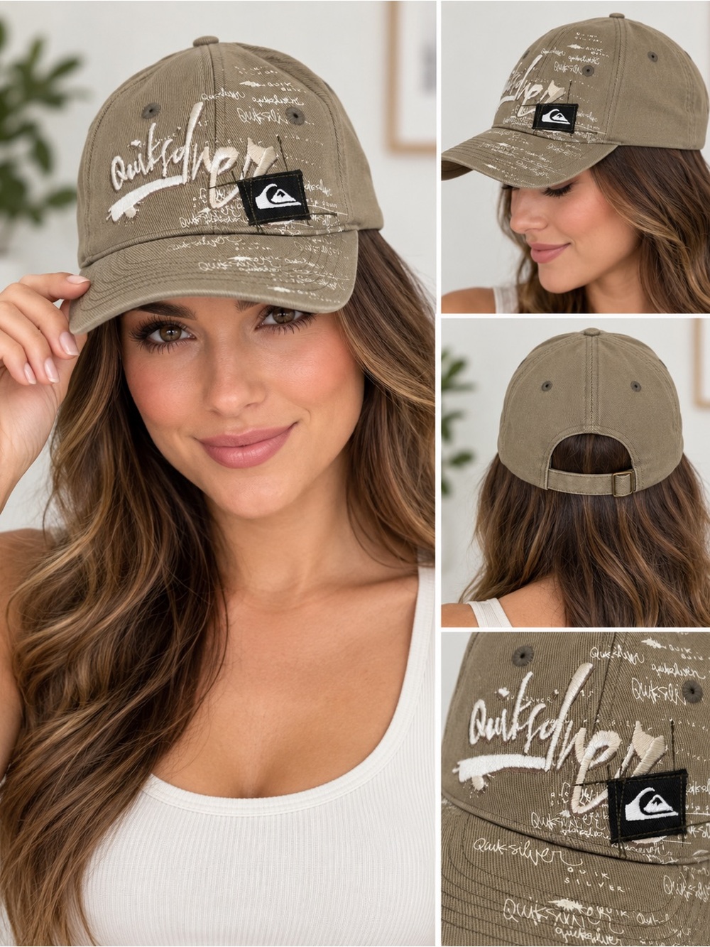 Quiksilver Women's Khaki Script Logo Cap with White Accents